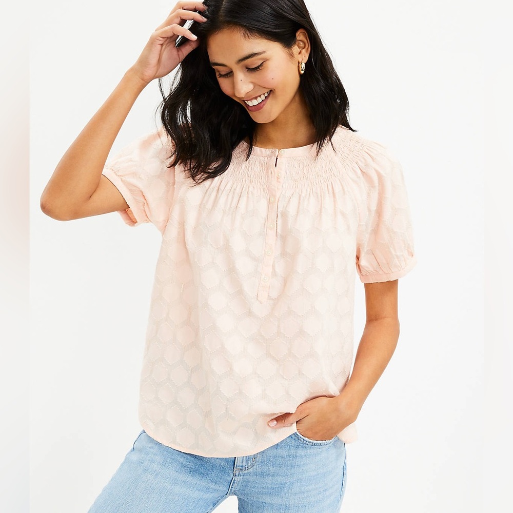 LOFT Peach Blouse with Flutter Sleeves and Smocked Mandarin Collar